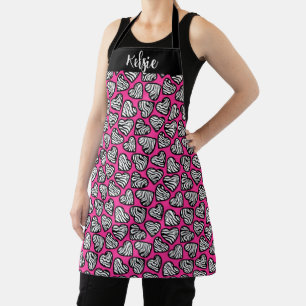 Tablier Coeurs zèbres noirs et blancs roses avec nom