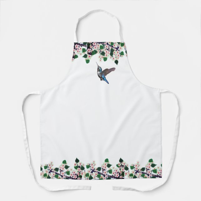 Tablier Colibri et fleurs blanches sur blanc (Recto)
