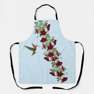 Tablier Colibri et vigne à fleurs rouges en bleu