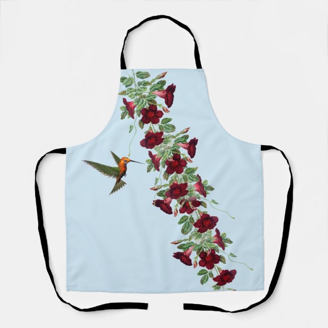 Tablier Colibri et vigne à fleurs rouges en bleu (Recto)