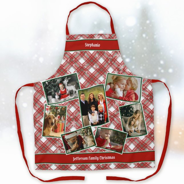 Tablier Collage de photos de famille et nom Noël Plaid (Family Photo Collage, Name Template, Christmas Plaid, Holiday Apron)