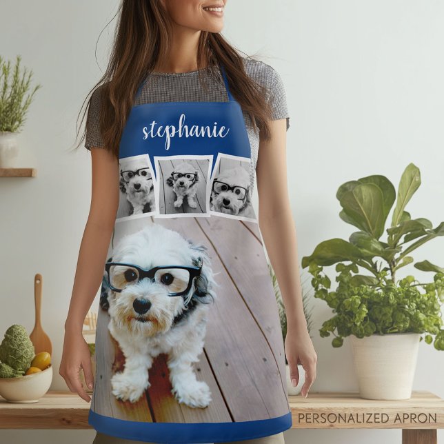 Tablier Collage photo 4 tendance Nom du script Bleu Bleu (Personalized Apron)