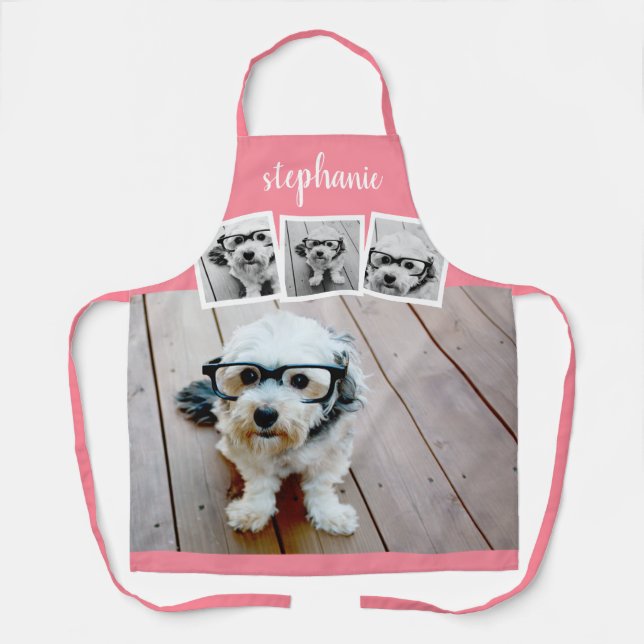 Tablier Collage photo 4 tendance Nom du script Rose blanch (Recto)