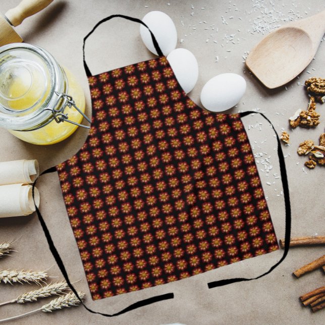 Tablier Collarette rouge Dahlia motifs floraux sur noir (In Situ Kitchen)