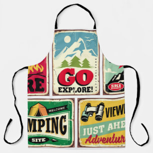 Tablier collection de panneaux rétro randonnée et camping.