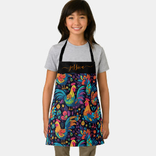 Tablier Coloré coq motif script nom filles apron