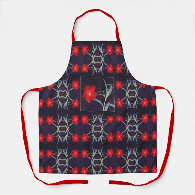Tablier Conception avec des fleurs et des feuilles rouges (Recto)