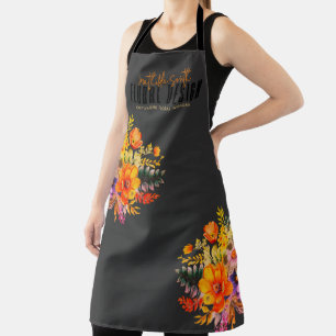 Tablier Conception Florale Sophistiquée Fleurs Noir Orange