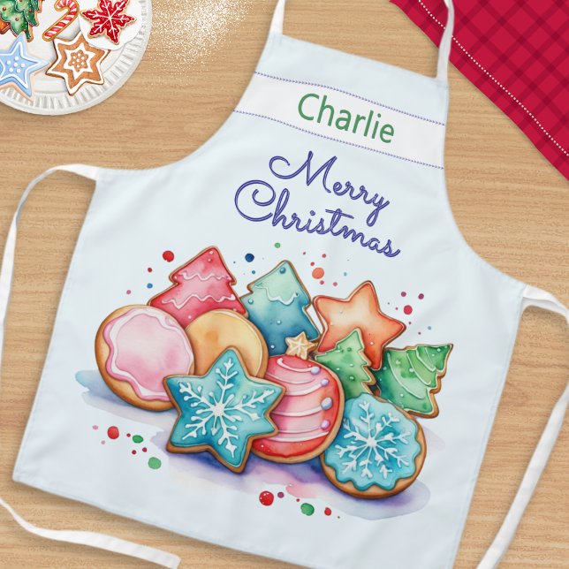 Tablier Cookies festifs Joyeux Noël Personnalisé (A personalized kitchen apron, with colorful Christmas cookies illustration in a watercolor style)