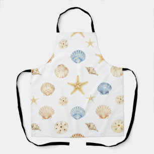 Tablier Coquillages et étoiles de mer à l'aquarelle motif 