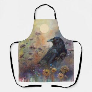 Tablier Corbeau peint à la main avec Fleurs sauvages
