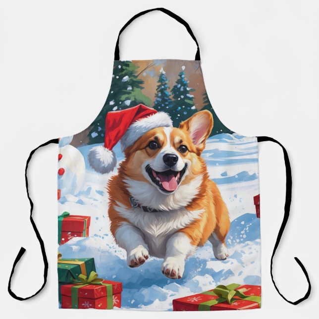 Tablier Corgi coule en neige avec Casquette de Noël (Recto)