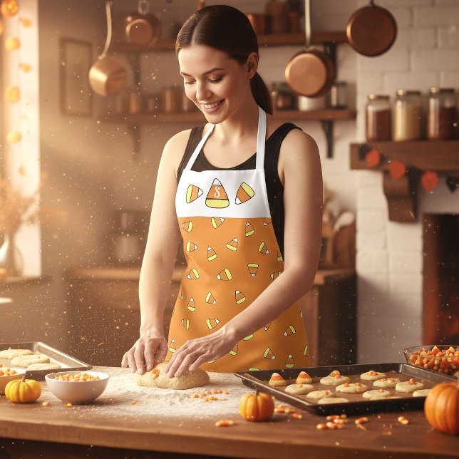 Tablier Corn à bonbons Monogramme Orange Halloween Apron (Imagine this to be you baking candy corn treats in your cozy kitchen)