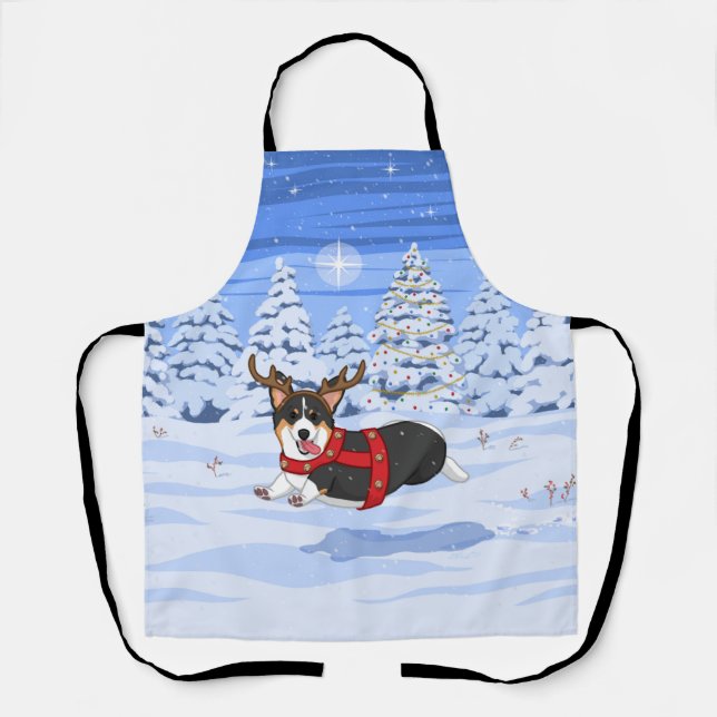 Tablier Costume de renne de Noël Corgi noir mignon (Recto)