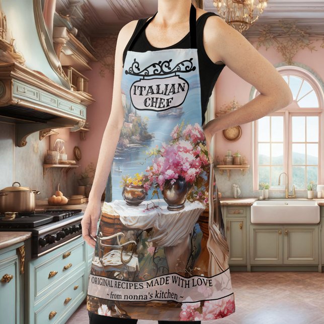 Tablier Côte italienne romantique Nonna (Romantic apron featuring a painting of the Italian coast with pink flowers and a vintage sign)