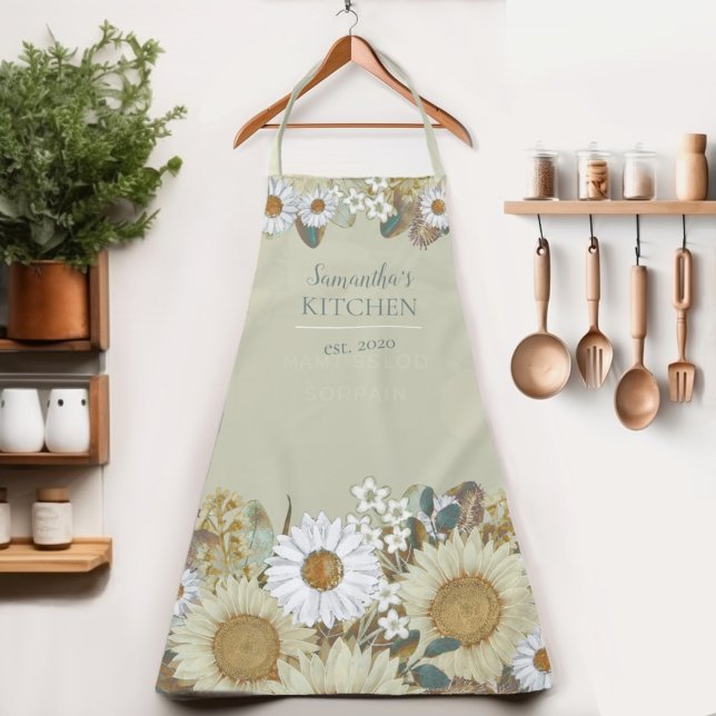 Tablier Country Floral Tournesol Nom de la femme Apron (Indulge in the sunflower charm of our Wild on Flowers apron.  Cook in style and let your name shine!)