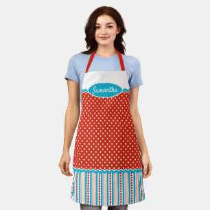 Tablier Coutume Turquoise Bleu À petits pois blancs rouge