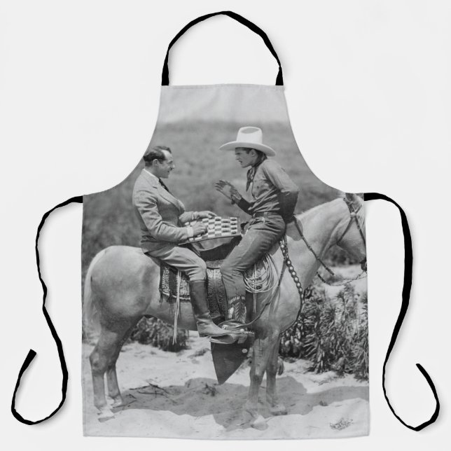 Tablier Cowboy et homme d'affaires jouant aux dames à chev (Recto)