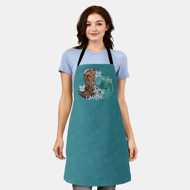 Tablier Cowgirl cowboy bottes casquette turquoise nom en c (Porté)