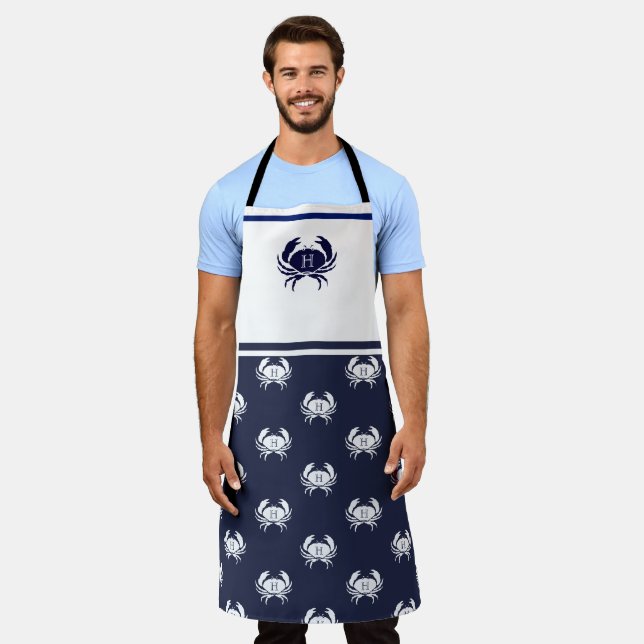 Tablier Crabe bleu marine monogramme Nautique (Porté)