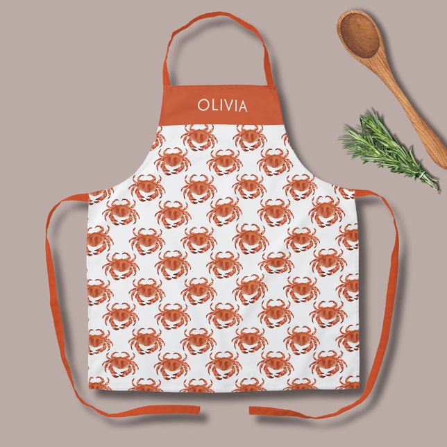 Tablier Crabe Motif de bord de mer Nom personnalisé Apron (Brown crab crustacean patterned apron.  Personalize with your own name or choice of text.)