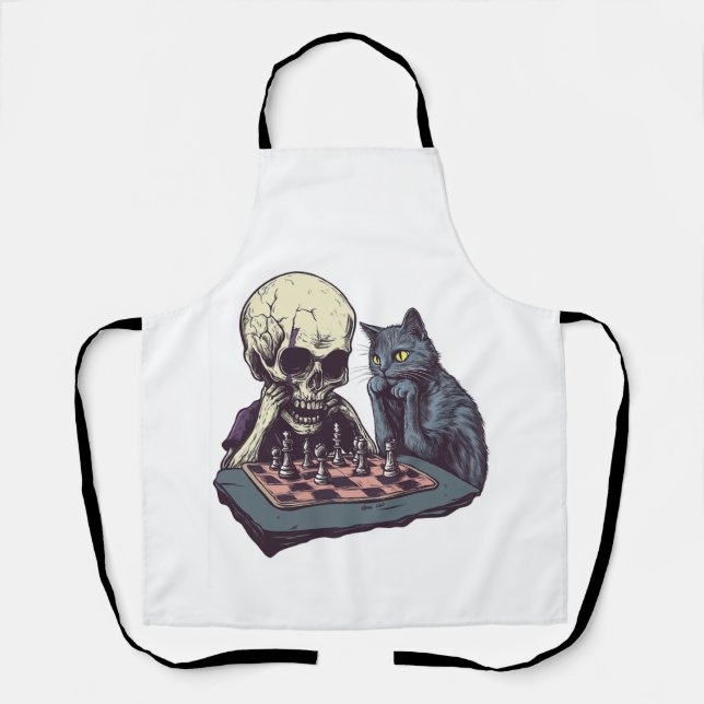 Tablier Crâne vs Chat � Bataille d'échecs drôle (Recto)