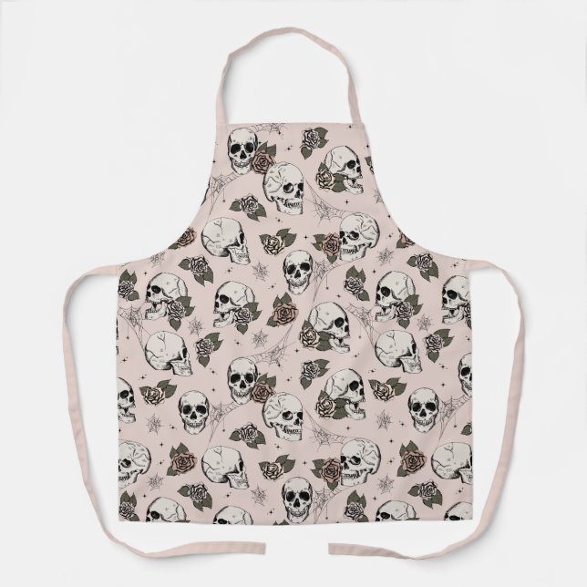 Tablier Crânes gothiques roses et fleurs Roses (Recto)