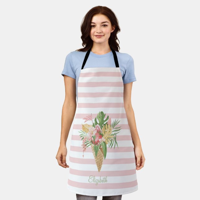 Tablier Crème glacée, Fruit Feuille tropical, Pink Stripes (Porté)