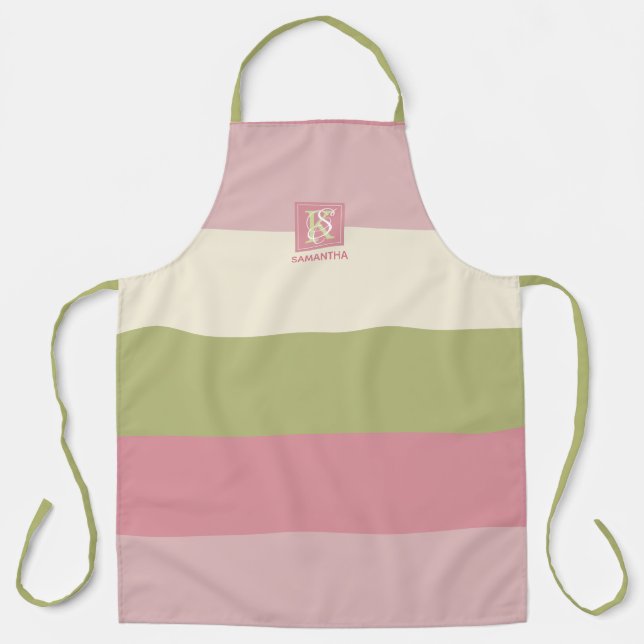 Tablier Crème Rose Vert Couleur Palette Bandes Monogramme (Recto)
