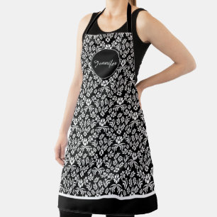 Tablier Cuisine à Damas Florale noire et blanche personnal