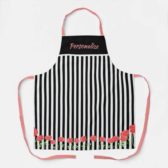 Tablier Cuisine de Fleurs roses mignonnes en blanc noir (Recto)