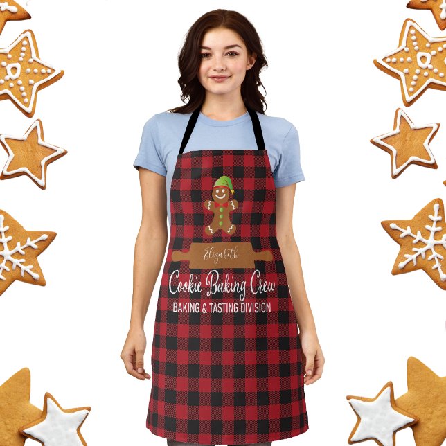 Tablier Cuisine de vacances Russe Rouge Plaid (Holiday Baking Apron With Monogram Name  Cookie Baking Crew - Plaid with gingerbread man)