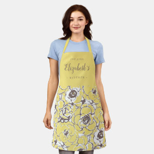 Tablier cuisine fleurie abstraite jaune personnalisée