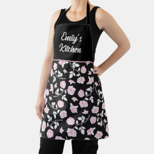 Tablier Cuisine noire florale rose élégante