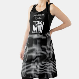 Tablier Cuisine nom monogramme carreaux noir blanc rustiqu