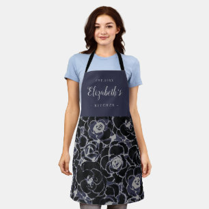 Tablier cuisine personnalisée à motif floral abstrait bleu