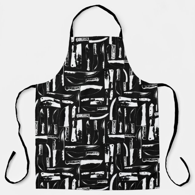 Tablier Cuisinier Noir Et Blanc Ou Bouchers Couteaux Motif (Recto)