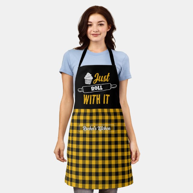 Tablier Cuisson Drôle Rouler Avec Elle Plaid Jaune Noir (Porté)