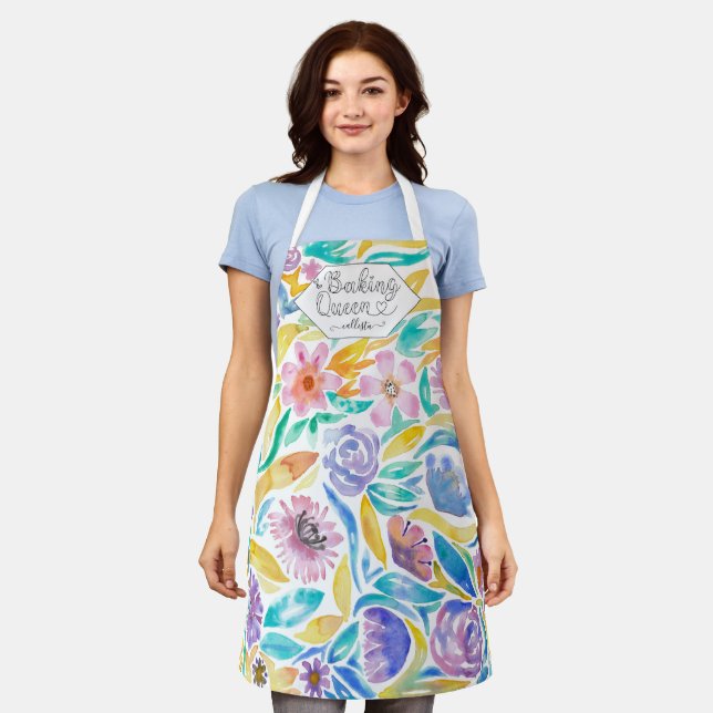Tablier Cuisson Queen Jaune Aquarelle violet Fleurs (Porté)