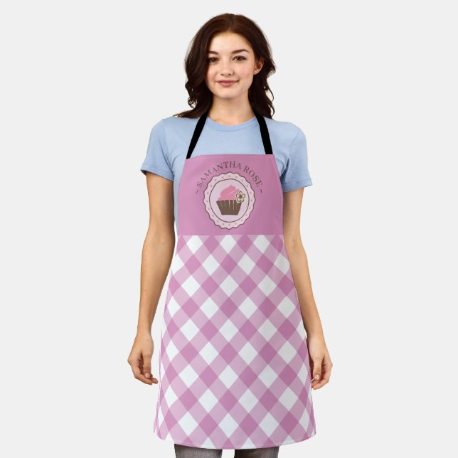 Tablier Cupcake Pink and White Plaid Nom personnalisé Apro (Porté)