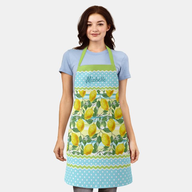 Tablier Custom Cute Yellow Lemons Green Leaves On Blue (Porté)