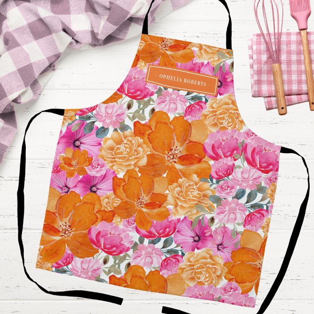 Tablier Custom Name Bright Orange Pink Floral Kitchen (Créateur téléchargé)