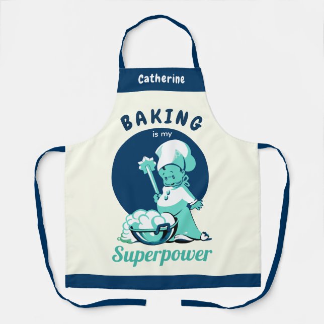 Tablier Cute Baking Bleu est ma superpuissance avec un nom (Recto)