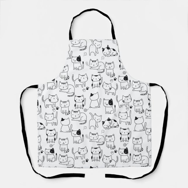 Tablier Cute Black White Doodle Chats Motif (Recto)