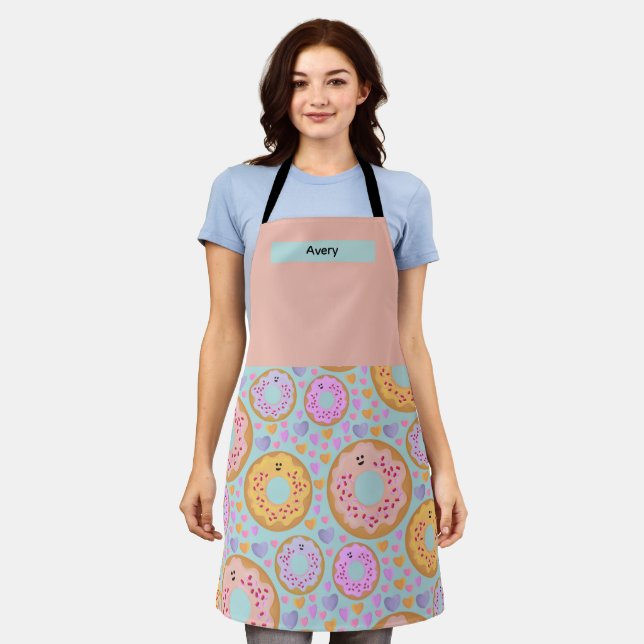 Tablier Cute Blue Pink Pastel Donuts & Hearts (Porté)