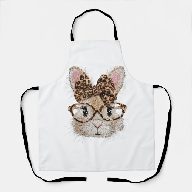Tablier Cute Bunny Rabbit Face Leopard Coquette Bow Glasse (Recto)