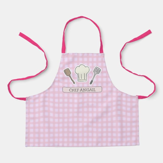 Tablier Cute Cuisine Chef Personnalisé En vichy Rose (Recto)