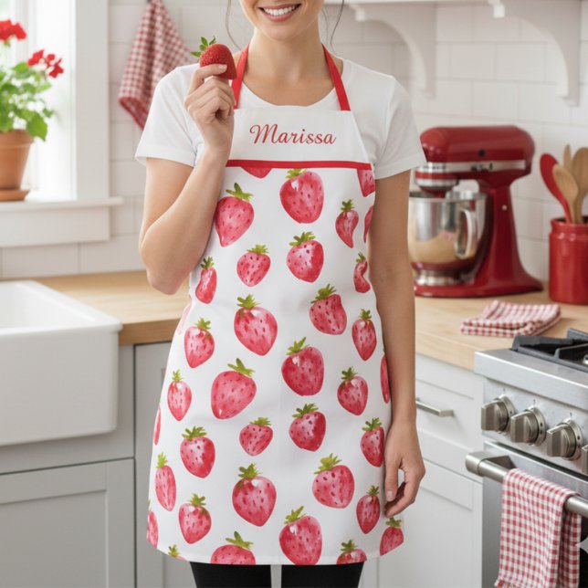 Tablier Cute fraise Nom personnalisé Apron (sweet pretty strawberry apron with custom name monogram, personalized gift for her)