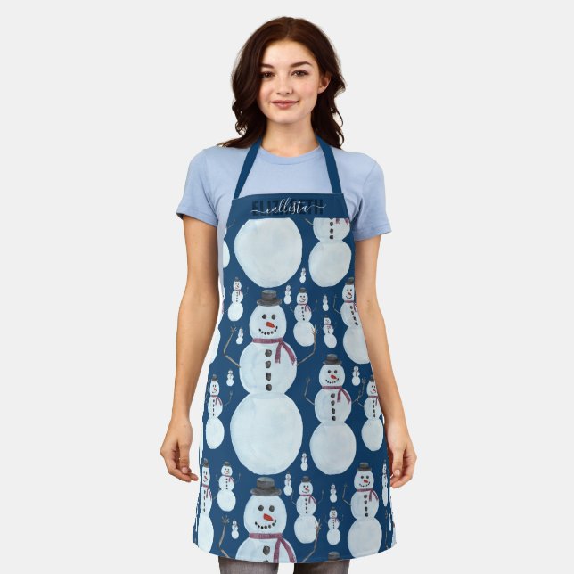 Tablier Cute Frosty Blue Snowman Aquarelle Nom du Motif (Porté)
