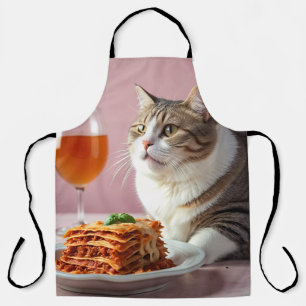 Tablier Cute Gray Chat avec Lasagne et Verre à Vin